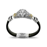 Gold & Silver Bracelet Lion Head, Leather 11mm - Deni Jewelry
