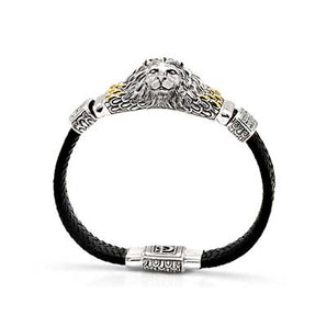 Gold & Silver Leather Bracelet Lion Head, 11mm strap - Deni Jewelry