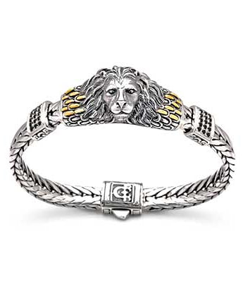 Gold & Silver Bracelet Lion Head, Black Sapphire, Tulang Naga 9x4 - Deni Jewelry