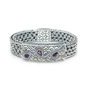 Gold Silver Bracelet Amethyst Balinese Soka Flower Ocean Wave Motif - Deni Jewelry