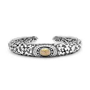 Silver & Gold Cuff Bracelet Plaster Texture, Oval Gold & White Topaz - Deni Jewelry