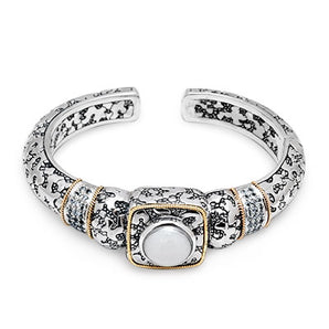 Gold Silver Kick Cuff Bracelet White Mabe Cubic Zirconia Balinese Jawan Plaster Motif - Deni Jewelry