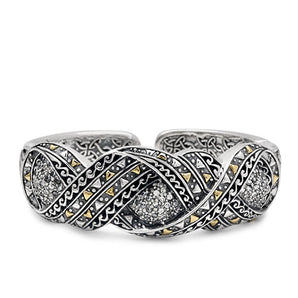 Gold Silver Kick Cuff Bracelet White Topaz Handmade Bali Motif - Deni Jewelry