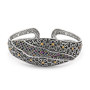 Gold Silver Cuff Bracelet Mix Semi-Precious Stones Black Oxidation Celtic Motif - Deni Jewelry