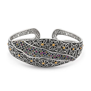 Gold Silver Cuff Bracelet Mix Semi-Precious Stones Black Oxidation Celtic Motif