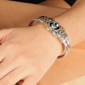 Gold Silver Bracelet Puzzle Motif Blue Topaz White CZ