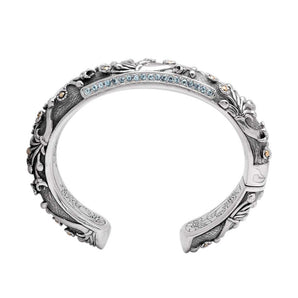 Gold Silver Kick Cuff Bracelet Blue Topaz Water Jasmine Motif