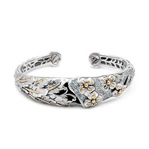 Silver Gold Kick Cuff Bracelet Blue Topaz Flower Motif