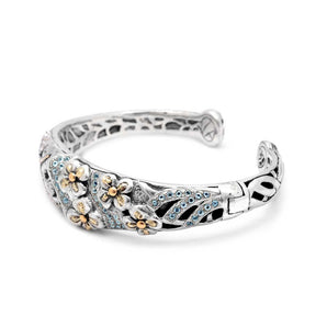 Silver Gold Kick Cuff Bracelet Blue Topaz Flower Motif