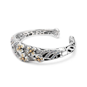 Silver Gold Kick Cuff Bracelet White Topaz Flower Motif