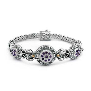 Silver Gold Hammered Bracelet Bali Motif Amethyst Pave