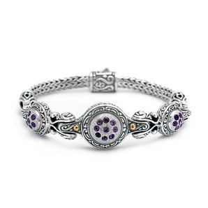Silver Gold Hammered Bracelet Bali Motif Amethyst Pave