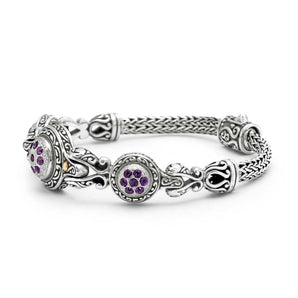 Silver Gold Hammered Bracelet Bali Motif Amethyst Pave