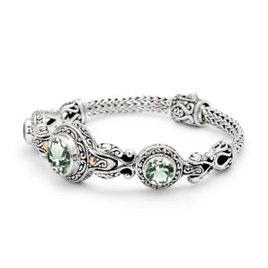 Silver & Gold Bracelet Green Amethyst, Bali Motif