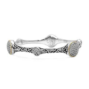 Silver Gold Bangle White Topaz Pave Bali Motif