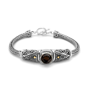Silver & Gold Bracelet Smokey Quartz, Balinese Ornament, Tulang Naga 4 Round