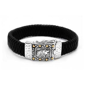 Silver Gold Wolf Bracelet Black Leather Bali Motif
