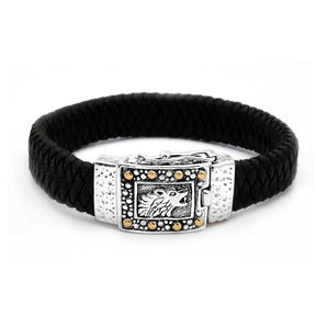 Silver Gold Wolf Bracelet Black Leather Bali Motif