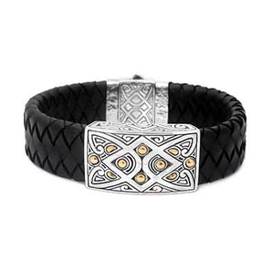 Gold Silver Bracelet Black Leather Strap Bali Motif