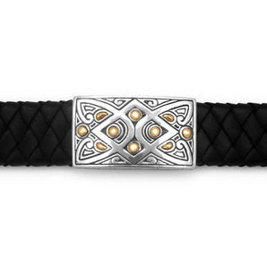Gold Silver Bracelet Black Leather Strap Bali Motif