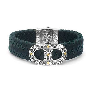 Gold Silver Bracelet Blue Leather Strap Bali Motif