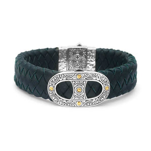 Gold Silver Bracelet Blue Leather Strap Bali Motif