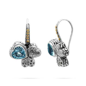 Gold & Silver Earring Blue Topaz Heart, White Topaz Pave