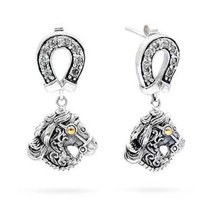 Gold & Silver Stud Earring Horse, White Topaz Pave