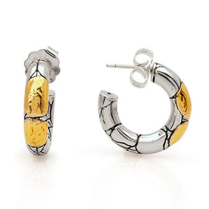 Gold Silver Hammered Stud Earring, 18K Accent