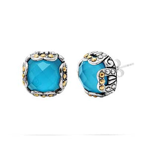 Gold & Silver Earring Turquoise Crystal, Cushion 12mm