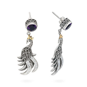 Gold & Silver Earring Phoenix, Amethyst Round