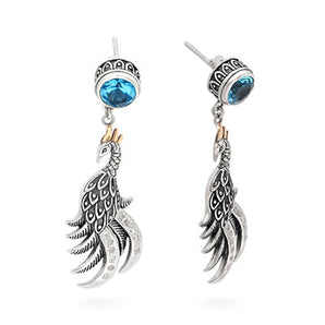 Gold & Silver Earring Phoenix, Blue Topaz Round