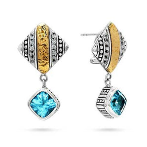 Gold & Silver Earring Blue Topaz 8mm, 18K Gold Omega Clasp