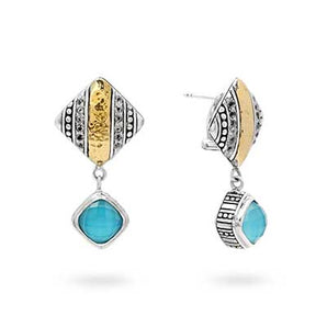 Gold & Silver Earring Turquoise Crystal 8mm, 18K Gold Omega Clasp
