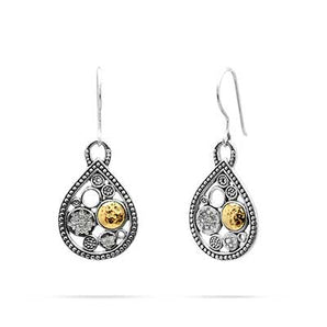 Silver & Gold Earring Circle & Pear Motif, White Topaz Pave
