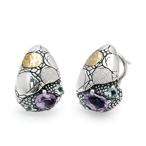 Gold & Silver Earring Crocodile, Blue Topaz & Amethyst