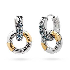 Gold & Silver Earring Double Hoop, Blue Topaz