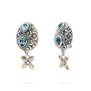 Silver & Gold Earring Blue Topaz, Soka Flower & Ocean Wave