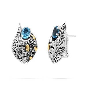 Gold & Silver Earring Blue Topaz, Puzzle Motif