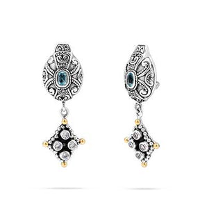 Gold & Silver Earring Blue Topaz & White Zircon, Balinese Jawan