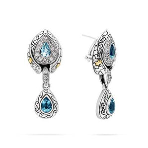 Gold & Silver Earring Puzzle Motif, Blue Topaz Pearshape