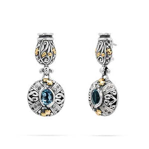 Gold & Silver Earring Puzzle Motif, Natural Blue Topaz