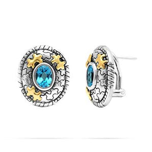 Gold & Silver Earring Natural Blue Topaz, Puzzle Motif