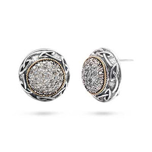 Gold & Silver Earring Round, White CZ Pave