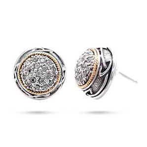 Gold & Silver Stud Earring Round, White CZ Pave