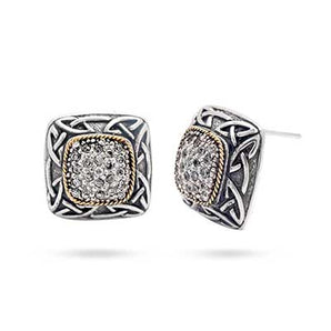 Gold & Silver Earring Square, Pave Setting