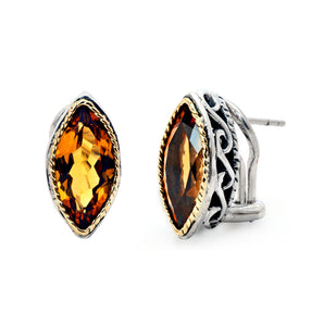 Gold & Silver Earring Citrine Marquise, Omega Clasp