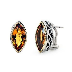 Gold & Silver Earring Citrine Marquise, Omega Clasp