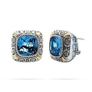 Gold & Silver Earring Blue Cushion Quartz, Blue Topaz Oval