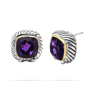 Gold & Silver Earring Amethyst Cushion, 18K Gold Bezel